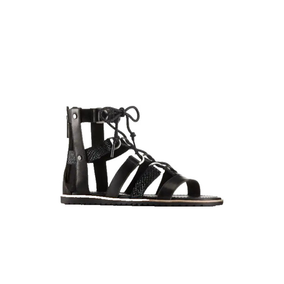 Sorel Ella Womens Black Leather Lace‎ Up Strappy Gladiator Back Zip Flat Sandals - Picture 2 of 11